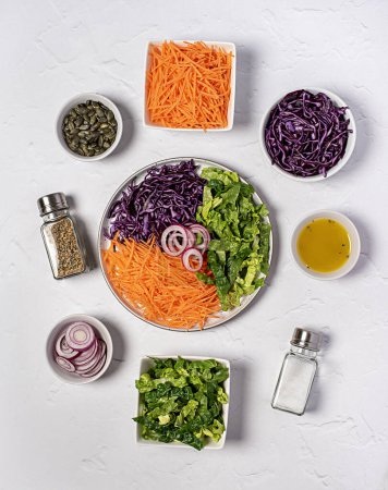 Photo for Food photography of vegetable; vegan; salad, sliced, romaine, lettuce, carrot, red cabbage, onion, pumpkin, seed, sauce, salt, seasoning, ingredient - Royalty Free Image
