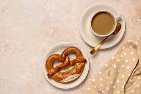 Photo for Blank food photography of coffee with milk, pretzel, cappuccino; bavarian, brown, bread, shape, german, biscuit; caffeine; morning, hot, breakfast - Royalty Free Image