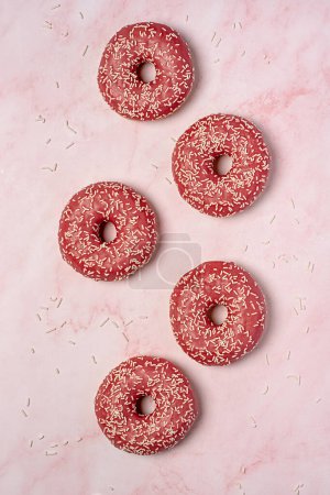 Photo for Food photography of doughnut, donuts, glazed, milk, bagel, bakery, baking, pastry, pink, treat, dessert, sprinkles, calories, icing, candy - Royalty Free Image