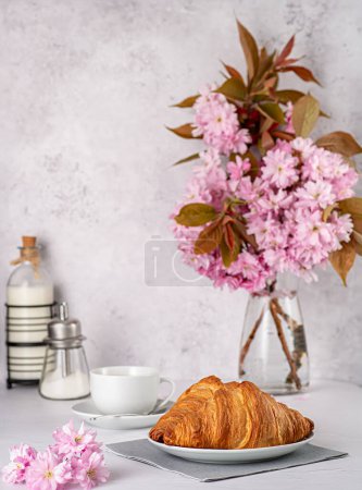 Photo for Food photograph of Croissant; Coffee; Cappuccino; Breakfast; Caffeine; Baked; Flower; Gourmet; Eating; Latte; Table; Restaurant; Brown; Cafe; Appetiser; Plate; Morning - Royalty Free Image