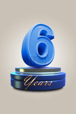 6 year anniversary celebration in blue on a white background