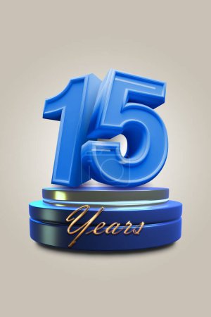 15 year anniversary celebration in blue on a white background