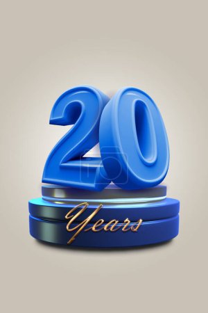 20 años de celebración del aniversario en azul sobre un fondo blanco
