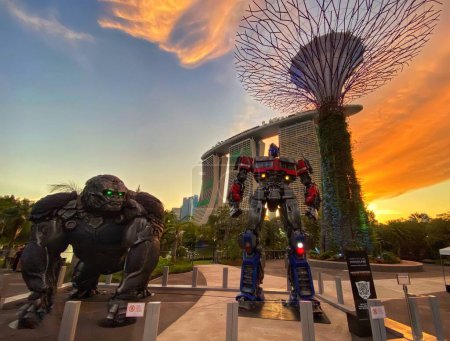 Photo for Singapore - Apr 4, 2023: Rise Of The Beasts Statues World Tour at Gardens By The Bay. Evening shot. - Royalty Free Image