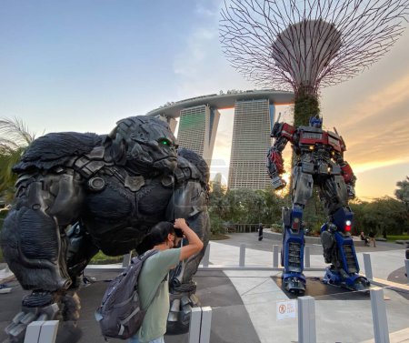 Photo for Singapore - Apr 4, 2023: Rise Of The Beasts Statues World Tour at Gardens By The Bay. Optimus Prime Statue. - Royalty Free Image