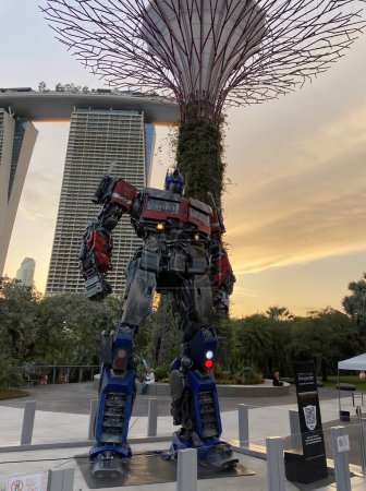 Photo for Singapore - Apr 4, 2023: Rise Of The Beasts Statues World Tour at Gardens By The Bay. Optimus Prime Statue. - Royalty Free Image