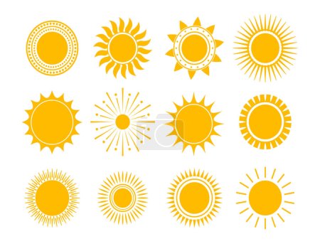 Sonnenuntergang. Sammlung gelber Sonnensterne-Ikonen. Sommer, Sonne, Natur. isoliert auf weißem Hintergrund. Vektorillustration