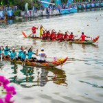 Ho Chi Minh, Viet Nam - 23 April 2023: Blurry motion of boat racing in the traditional Ngo boat racing festival of Khmer people
