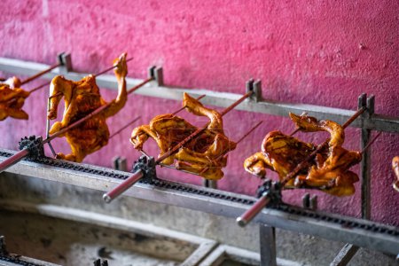 Téléchargez les photos : Gros plan sur la torréfaction d'un poulet entier dans un simple gril en Asie - en image libre de droit