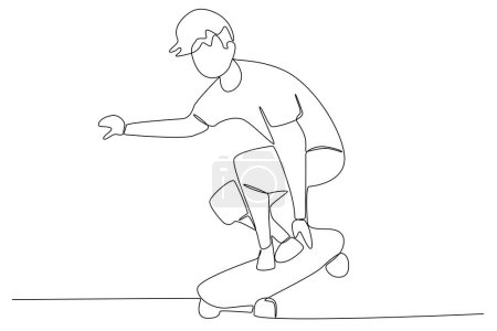 Téléchargez les illustrations : Un homme apprend le skateboard. Skateboard dessin d'une ligne - en licence libre de droit