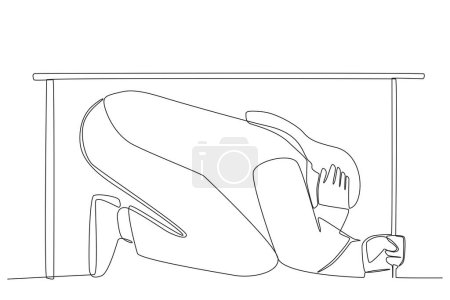 Illustration for A girl saved herself by hiding under the table. Earthquake one-line drawing - Royalty Free Image