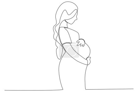Illustration for A mother breastfeeds her baby. Pregnant and breastfeeding one-line drawing - Royalty Free Image