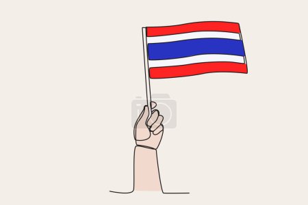 Ilustración de Una mano izó la bandera de Tailandia. Bandera de dibujo de una línea - Imagen libre de derechos