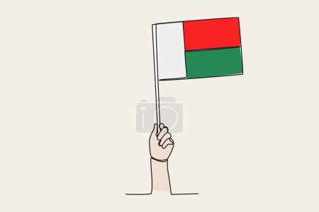 Téléchargez les illustrations : Une main leva le drapeau malgache. Drapeau dessin d'une ligne - en licence libre de droit
