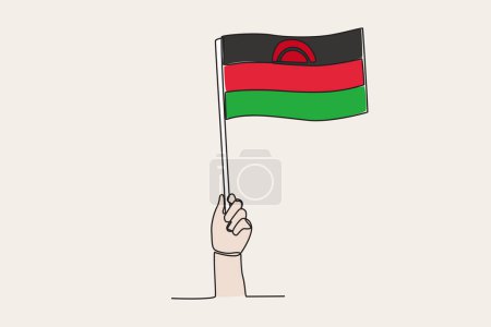 Illustration for A hand raised the Malawi flag. Flag one-line drawing - Royalty Free Image