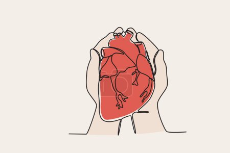 Color illustration of a hand guarding the heart. World heart day one-line drawing