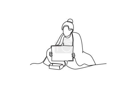 Ilustración de Un mendigo pide donaciones. Dibujo de una línea sin hogar - Imagen libre de derechos
