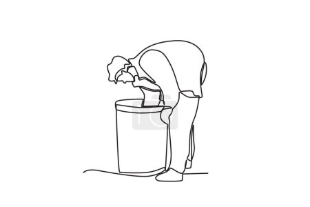 Ilustración de Una persona sin hogar busca comida en un cubo de basura. Dibujo de una línea sin hogar - Imagen libre de derechos