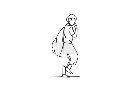 Ilustración de Un mendigo lleva una bolsa en la espalda. Dibujo de una línea sin hogar - Imagen libre de derechos