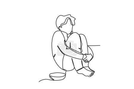 Ilustración de Un mendigo se sentó a pedir ayuda. Dibujo de una línea sin hogar - Imagen libre de derechos