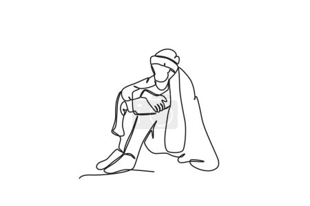 Ilustración de Una persona sin hogar se sienta con una manta. Dibujo de una línea sin hogar - Imagen libre de derechos