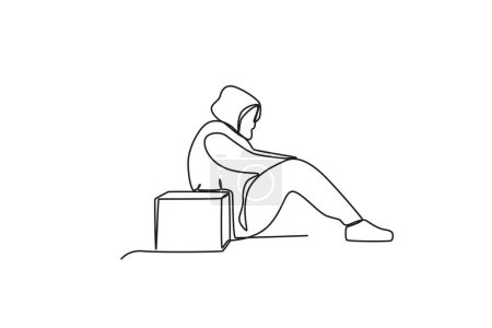 Ilustración de Un vagabundo se sienta con una caja de donaciones a su lado. Dibujo de una línea sin hogar - Imagen libre de derechos
