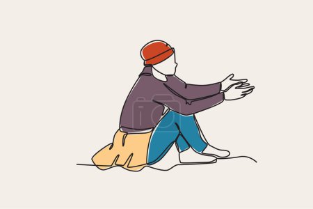 Ilustración de Ilustración a color de un hombre mendigando en la calle. Dibujo de una línea sin hogar - Imagen libre de derechos