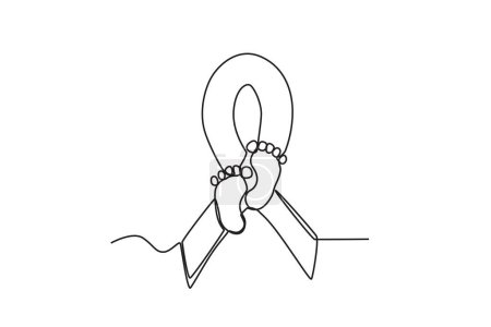 Illustration for A ribbon and baby's feet. Pregnancy and infant loss awareness month one-line drawing - Royalty Free Image