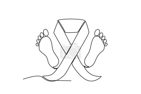 Illustration for Baby feet and birth ribbon. Pregnancy and infant loss awareness month one-line drawing - Royalty Free Image