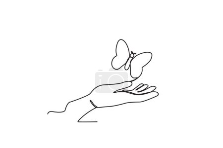 Illustration for A hand and a butterfly. Pregnancy and infant loss awareness month one-line drawing - Royalty Free Image