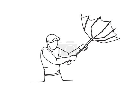 Ilustración de Un hombre con un paraguas fue golpeado por fuertes vientos. Dibujo de una línea de huracán - Imagen libre de derechos