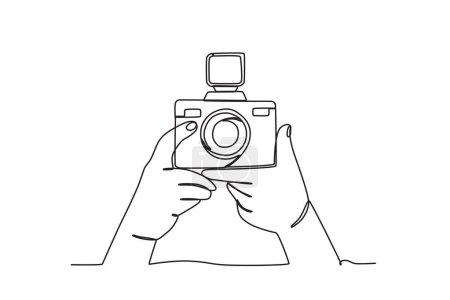 Ilustración de Una mano se prepara para tomar fotos. Día mundial de la fotografía dibujo de una línea - Imagen libre de derechos