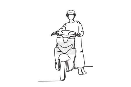 Ilustración de Una mujer de pie sosteniendo un vehículo. Motocicleta dibujo de una línea - Imagen libre de derechos