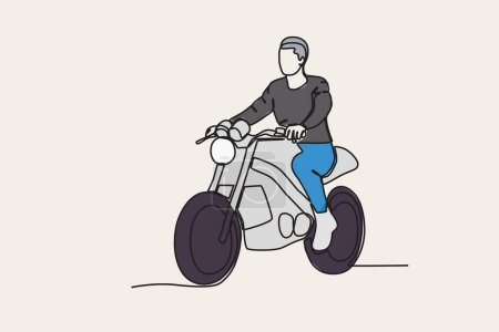 Ilustración de Ilustración a color de la vista frontal de un hombre montando una motocicleta. Motocicleta dibujo de una línea - Imagen libre de derechos