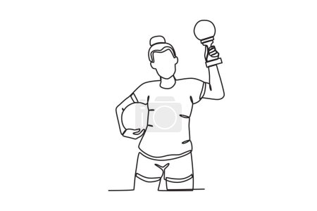 Illustration for A woman holding a trophy and a ball. Spain's women's football team victory - Royalty Free Image