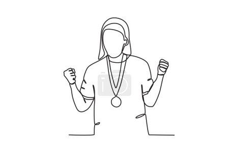 Illustration for A female athlete happily wears a medal. Spain's women's football team victory - Royalty Free Image