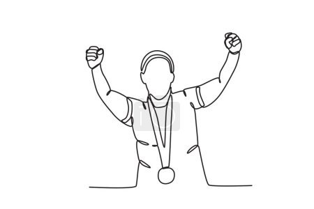 Illustration for An athlete clenches his fist with a medal around his neck. Spain's women's football team victory - Royalty Free Image