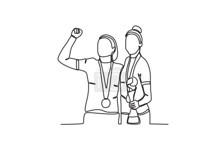 Illustration for Two athletes holding trophies and medals. Spain's women's football team victory - Royalty Free Image