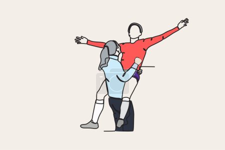 Illustration for Color illustration of two happy athletes celebrating their victory. Spain's women's football team victory - Royalty Free Image