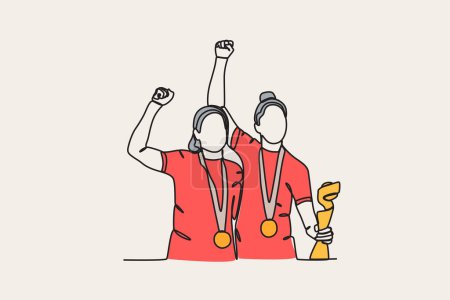 Illustration for Color illustration of two athletes celebrating their victory. Spain's women's football team victory - Royalty Free Image