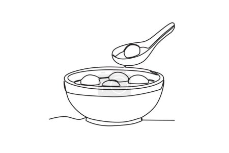 Téléchargez les illustrations : Un bol de nourriture pour le festival. Dongzhi festival dessin en une ligne - en licence libre de droit