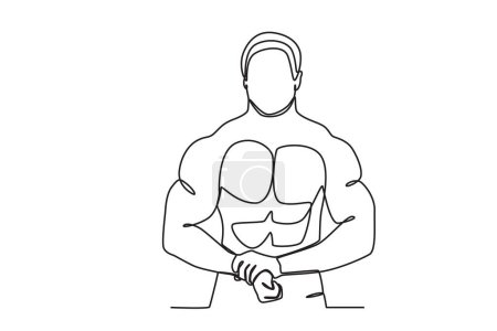 Illustration for A man showing his burly muscles. Bodybuilding one-line drawing - Royalty Free Image