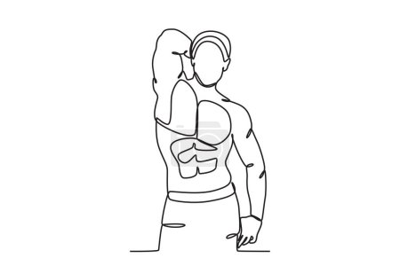 Illustration for A muscular man finishes the gym. Bodybuilding one-line drawing - Royalty Free Image