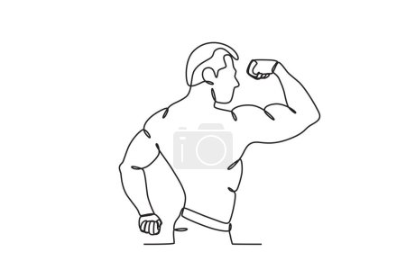Illustration for Back view of a man showing his muscles. Bodybuilding one-line drawing - Royalty Free Image