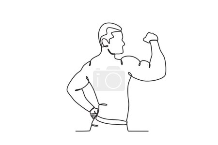 Illustration for A strong man showing his muscles. Bodybuilding one-line drawing - Royalty Free Image