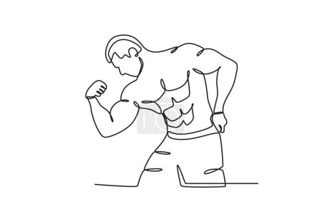 Illustration for A man poses showing his muscles. Bodybuilding one-line drawing - Royalty Free Image