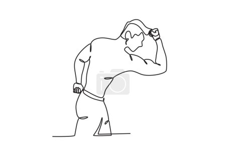 Illustration for A man showing his strength. Bodybuilding one-line drawing - Royalty Free Image