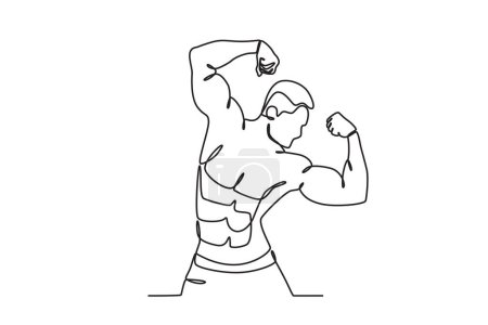 Illustration for An athlete shows his biceps. Bodybuilding one-line drawing - Royalty Free Image