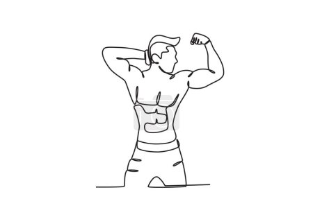 Illustration for A man showing his arm muscles. Bodybuilding one-line drawing - Royalty Free Image