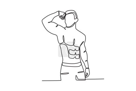 Illustration for A man raises his hand showing his biceps. Bodybuilding one-line drawing - Royalty Free Image
